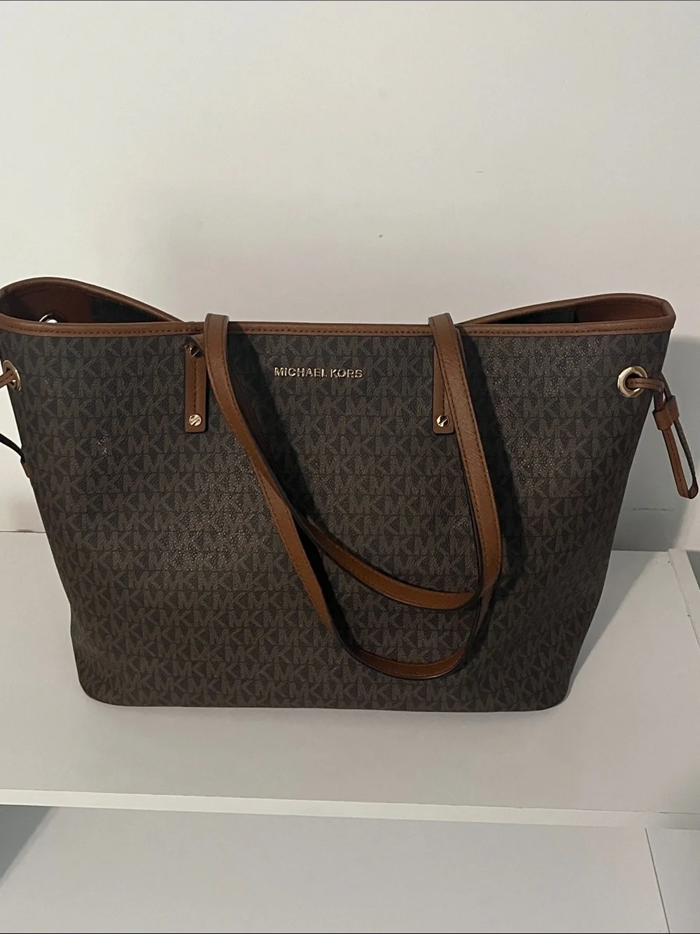 Michael Kors Brown MK Logo Tote with Tan Trim